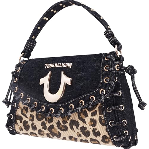 True Religion Denim Eyelet Trim Flap Bag, Studded Lace-Up Crossbody Shoulder Handbag with Horseshoe Logo, Leopard