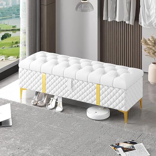Lujoso banco otomano de cuero blanco – Moderno baúl de almacenamiento al final de la cama (47 x 16 x 18 pulgadas) – Elegante nizer para dormitorio y decoración del hogar