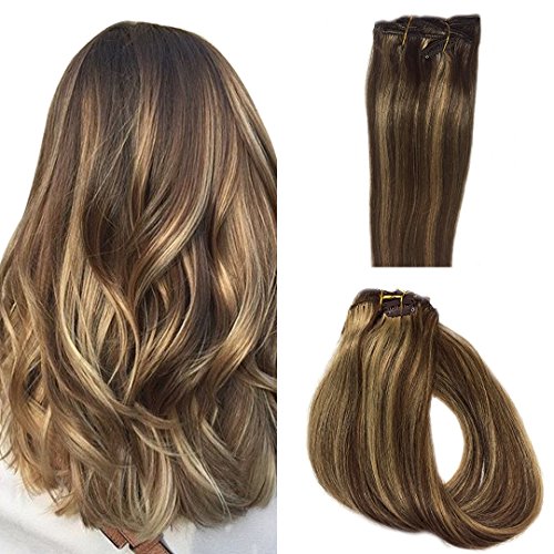 PoleStar 70 Gram Clip in Hair Human Hair Extensions 7 Pieces Silky Straight Weft Remy Virgin Hair 16 Inches, 2Colors, 4-27