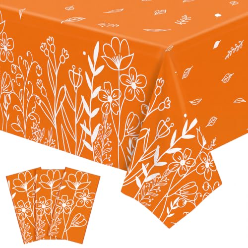 Image of 3 Pcs Fall Plastic Tablecloths, 54 X 108Inch Orange Line Floral Tablecloth