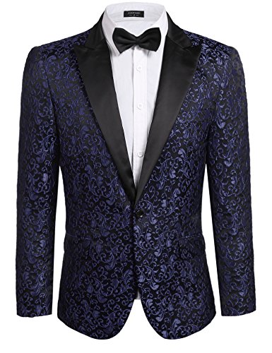COOFANDY Men's Floral Party Dress Suit Stylish Dinner Jacket Wedding Blazer One Button Tuxdeo,Navy Blue,US L(Chest 46.9)
