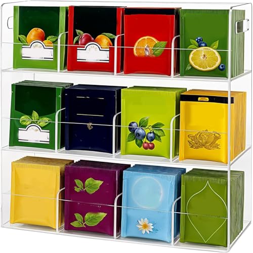 ティーバッグホルダー アクリル ティーバッグケース 3層 12格仕切り 大容量 収納ボックス お茶 紅茶 ティーバッグ 収納 ティーバッグオーガナイザー ティーボックス コーヒー 調味料 砂糖 化粧品 お茶 小物入れ ティーパック ラック