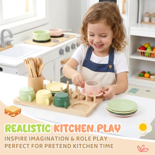 Image of GAGAKU Wooden Play Kitchen Accessories - 25Pcs Montessori Play Dishes Set with Integrated Storage Stand, Bright Color Plates & Bowls, Pretend Cooking Toys for Ages 3-5, Educational Gift for Toddler