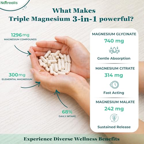 Image of Triple Magnesium Complex | 120 Veg Capsules | Magnesium Glycinate, Citrate & Malate with Zinc | High Absorption Magnesium Supplement for Sleep, Muscle, Stress & Energy Support