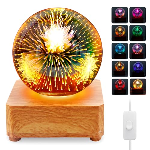 PORFOYO 3d Kristallkugel Nachtlicht, Feuerwerk Kristall Ball...