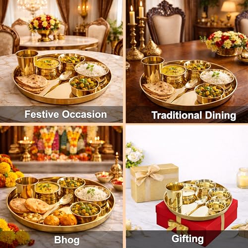 Image of INDIAN ART VILLA Bronze Shine Finish Pari Design Thali Set, 7 Piece