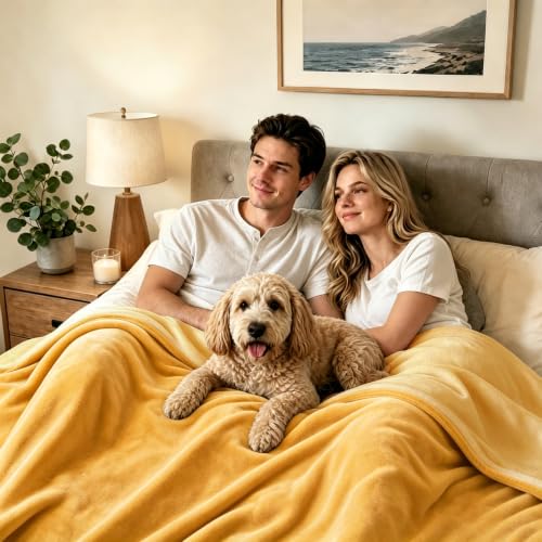 Image of LOOBANI Waterproof Blanket for Bed, Flannel Twin Size 60 inchx80 inch, Yellow | Double-Side Leak-Proof, Reversible, Stain-Proof Cover for Sofa Bed Protection, Ideal for Rest Movie Time, Camping, Travel