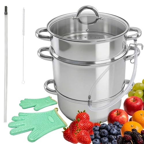 IPRETTI 10 PCS Stainless Steel Induction Steam Juicer for Fruit & Vegetable Juice Extractor Family Size with Glass Lid, 2 Hoses, Clamp & Loop Handles, One Pair Silicon Gloves and Tube Brush
