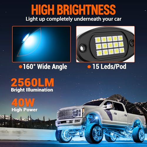 MNJ MOTOR RGB LED Rock Lights 8 Pods - Multicolor Underglow Neon Light Kits, Underbody Lamp Waterproof with APP/Remote Control & Music Mode for Pickup Car Off Road SUV ATV Vehicle