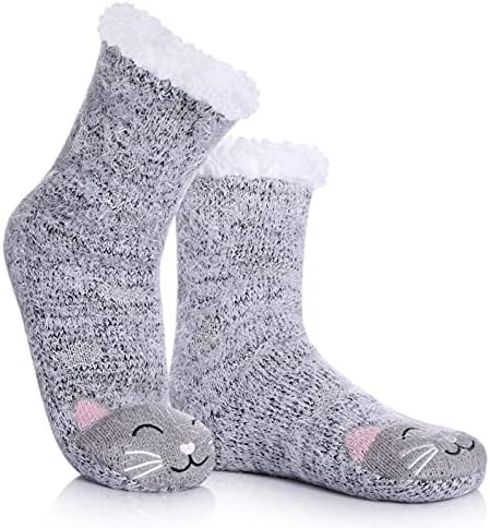 DYW Women Non Slip Slipper Socks Fuzzy Socks for Women Fluffy Cozy Animal Soft Thick Warm Winter Fleece Lining Home Socks (Cat B)