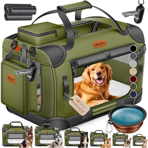 Lovpet® - Trasportino per cani e gatti, XXL 91,4 x 63,5 x 63,5 cm, borsa per il trasporto di animali domestici, pieghevole, con ciotola e tracolla, cachi