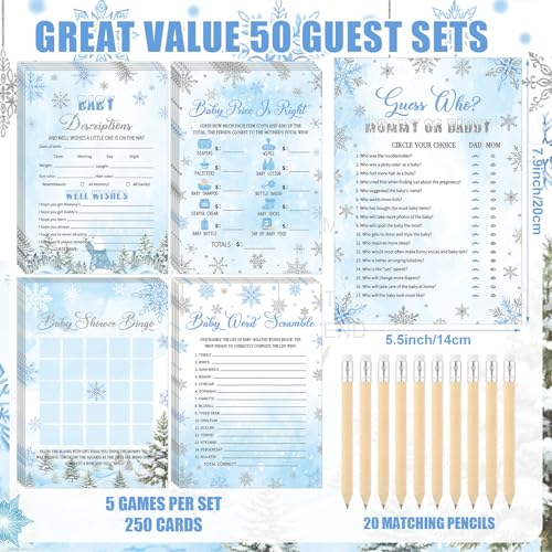 Image of Patelai 321 Pcs Blue Snowflake Baby Shower Game Supply for Girl or Boy 5 Set Include 50 Activity Card 20 Pencil 1 Don't Say Baby Sign 50 Clothespin for Price Is Right Prediction Bingo Game Party Decor