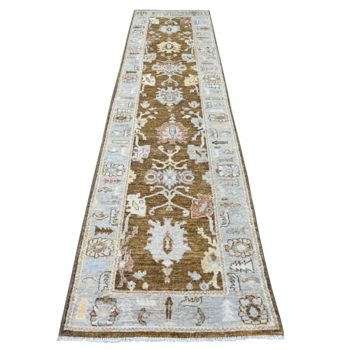 Shahbanu Rugs 3'x12' Brown Hand Knotted Wool Runner Oriental Rug