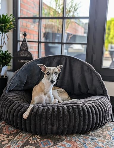 EDEL&SCHNELL Hundebett Bezug 90 cm dunkelgrau | Wechsel- & Ersatzbezug aus weichem Kunstfell mit Deckel | passend für Hundebett Flocke & als gemütliche Hundehöhle