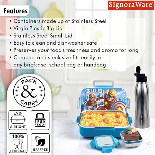 Image of SIGNORA WARE Delight C Chipmunk Stainless Steel Printed Lunch Box Set for Kids | Airtight Clip Lock Lid | Compact & Sleek Size | Great for Picnics & Outdoors (850ml + 160ml + 750ml Bottle | Blue)