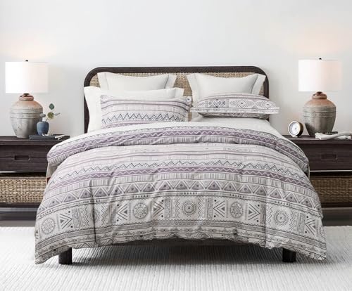 Image of SLEEPBELLA Boho Chic Striped King Size Duvet Cover Set - 100% Cotton with Button Closure in White and Purple