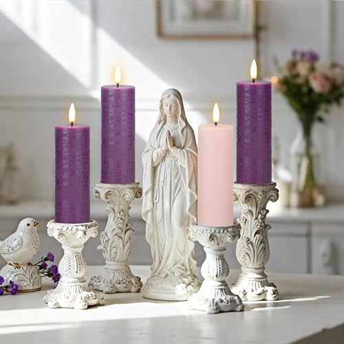 Image of Flameless Advent Candles Set of 4, Real Wax Advent Pillar Candles Battery Operated 9.6 inch, Purple and Pink Christmas LED Candle for Wreath, Christ, Home, Church, Catholic Decoration