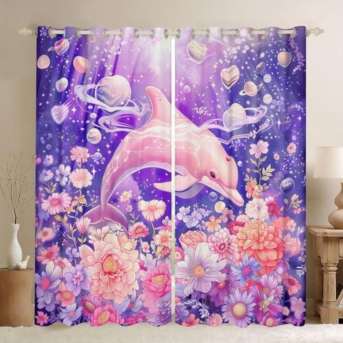 feelingyou Rideaux de fenêtre Dolphin Rose, Taille M Coloré Jolies Fleurs Imprimer Planète Bonne...