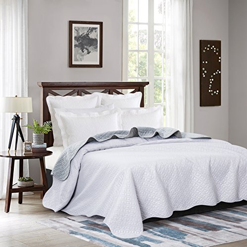Ayasw Bedspread Only Queen Size Lightweight Pinsonic All-Season Bedspread White 1 Piece Summer Quilt The Copper Pattern Fit For Full-Queen Bed Reversible White And Light Grey #TOP2