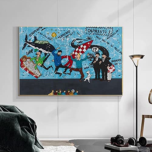 JLFDHR Peinture sur Toile 60x80cm sans Cadre Les Aventures de Tintin Affiche Mur Art Photo Personnages de Dessins animés Tintin Chambre d'enfants décor à la Maison Cover