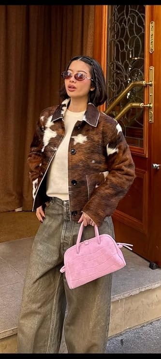 Women’s Retro Style Classic Wear Stylish Genuine Cowhide Leather Natural Hair-On Cow Skin Fashion Coat Jacket2
