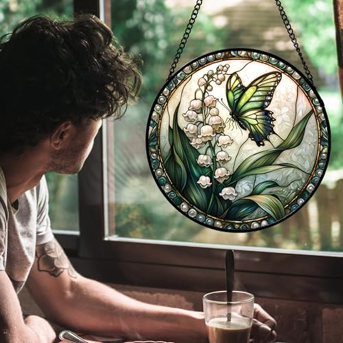 Image of DASTOLL Stained Glass Window Hanging, Lily of the Valley Flower Butterfly Suncatcher for Doors Home Sun Catchers Decoration and Christmas, Mother's Day Birthday Gifts for Women, Men, Mom 14.9x14.9 in
