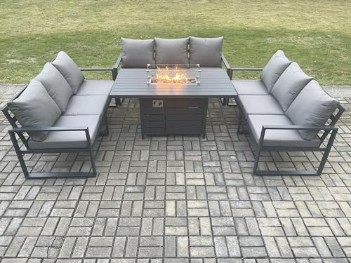 FMSGarden Aluminum Outdoor Garden Furniture Set Gas Fire Pit Dining Table Set Gas Heater Burner with Cushions Dark Grey 9 Seater