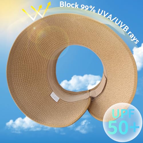 NPJY Sun Hats for Women Wide Brim Roll-Up Beach Ponytail Hat Packable Foldable Travel Straw Visor2