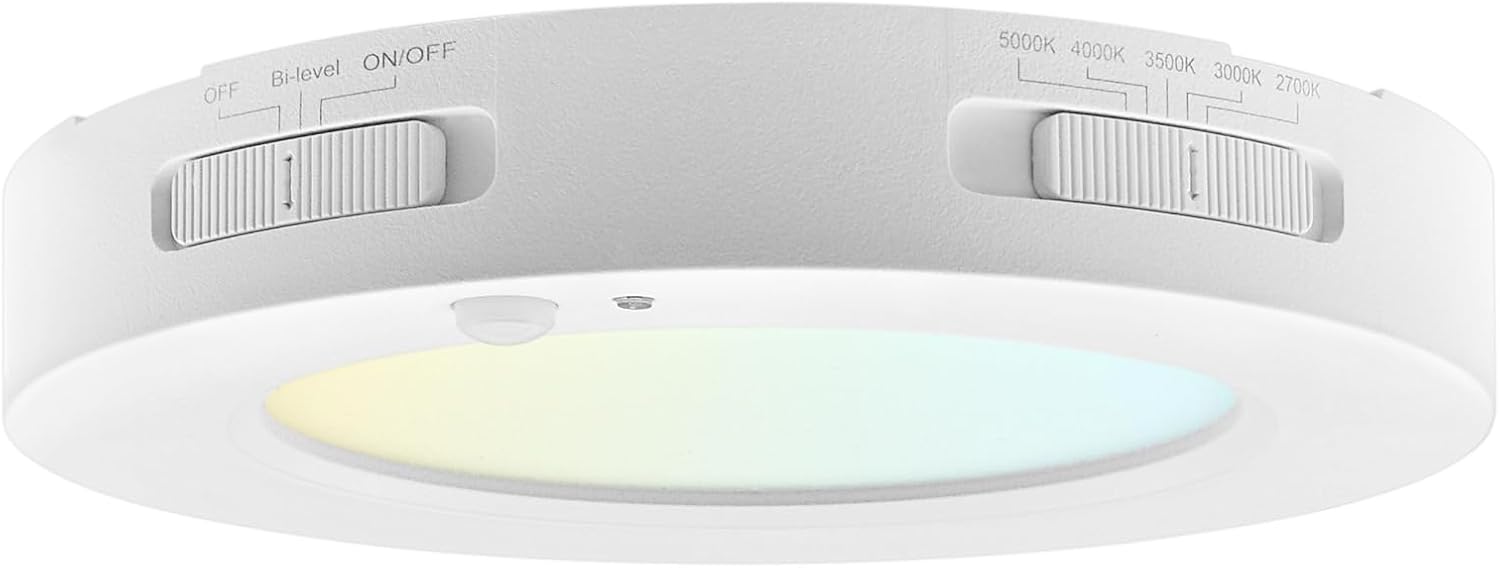 LUXRITE 5-Inch LED Flush Mount Ceiling Light with Bi-Level Adjustable PIR Motion Sensor, 12W, 1000 Lumens, 5CCT 2700K-5000K, Dimmable, CRI90, Title 24 Compliant, ETL Listed, Damp Rated