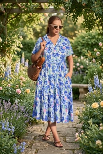 Image of CARCOS Plus Size Dresses for Curvy Women Collared Vneck Short Sleeve Dresses Midi Summer Ruffle Dress with Pocket XL-5XL