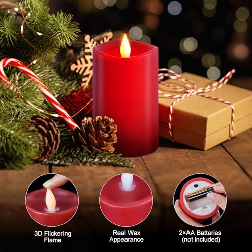 Image of 1PCS, 3 x 5 inches Flameless Candle with Remote Control, 3D Flickering Wick, Real Wax Pillar LED Candles, Battery Candles,with Timer,for Holiday Home Decor, Red
