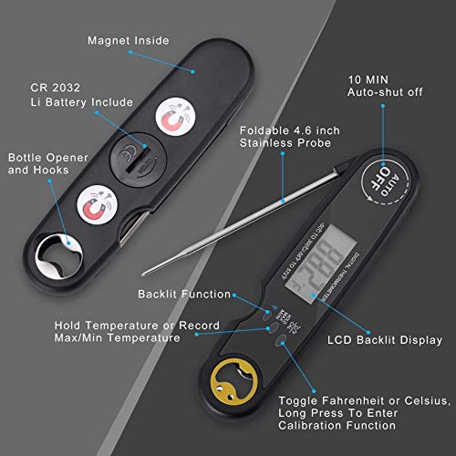 Meat Thermometer Instant Read, EHO Digital Meat Thermometer for Grilling Oven, Kitchen, Cooking, BBQ, Candy, Jam, Milk, Waterproof with Backlight (Black) - Thumbnail 7
