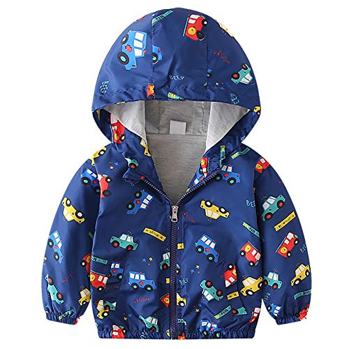 Toddler Baby Boys Girls Cartoon Dinosaur Print Hooded Jacket Long Sleeve Windproof Coats Zip Up Trench Sweatshirts Winter Lightweight Windbreaker Casual Active Warm Outerwear Blue Cars 12-18 Months