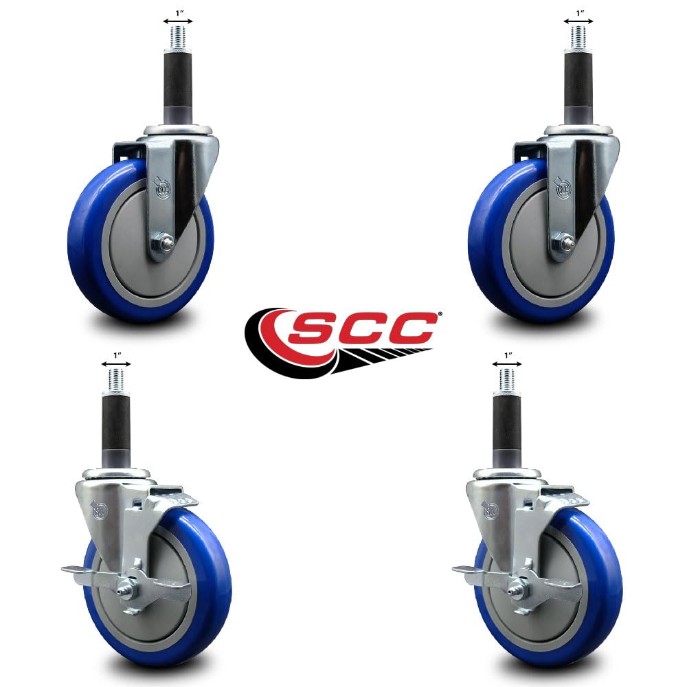 Polyurethane Swivel Expanding Stem Caster Set of 4 with 5 Inch Blue Wheels and 1