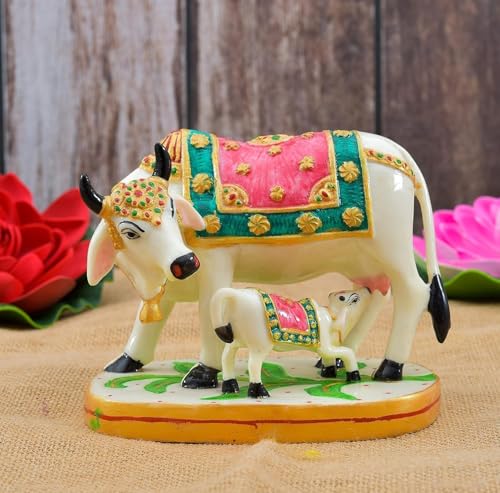 Image of Calf Statue in Marble Dust, 9CM Holy COWw Idol, Showpiece for Home Decor, Handmade Divine COWw, Mother COWw with Baby Calf, kamdhenu (Pink)