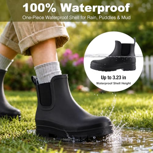 Image of planone Women's Fashion Waterproof Short Chelsea Rain Boots Durable Non Slip Ankle Rubber Boots Work Booties Lightweight Outdoor Garden Shoes with Removable Insole