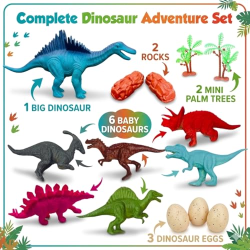 Image of ZESTHOME Dinosaur Toys for Kids | Realistic Dinosaur Figure Play Set with Eggs & Trees | Dinosaur Animal Action Toys for Boys & Girls | Imaginative Play Birthday Gift | 8-Piece Set
