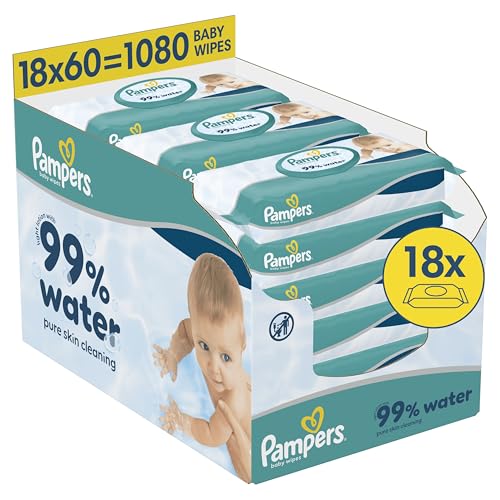 Lingettes pour bébé Pampers 99% d'eau, 18 paquets de 60 lingettes = 1080 lingettes, lotion légère avec 99% d'eau