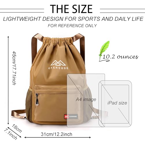 Drawstring Backpack for Women Men Sport Gym Bag Water Resistant Backpack Sandproof Beach Bag With Mesh Pockets (Khaki)2