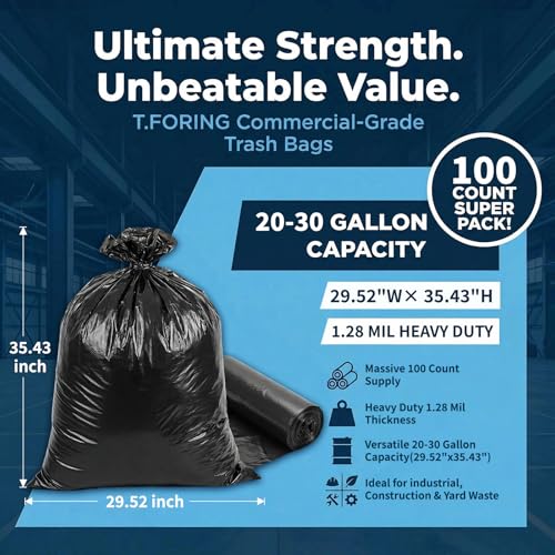 Image of 20-30 Gallon Trash Bags Bulk,30'' x 35'',1.28 Mil,Black,100 Ct | Large 20+ Gal Garbage Bag Unscented,Heavy Duty Can Liners,Fit 75 - 112 Liter Bins,for Kitchen Home Office Commercial Outdoor