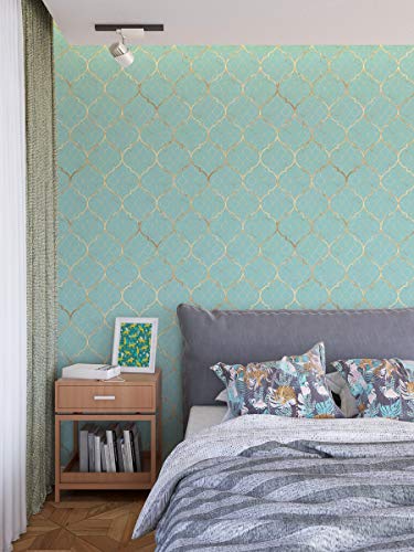 Image of DWELLSINDIA Light Cyan Moroccan Mosaic Wallpaper for Home Wall Decor | Self Adhesive Peel & Stick, Thick Textured Premium Paper | Waterproof, Scratch Resistant | Bathroom & Hallway | 41 x 244 cm