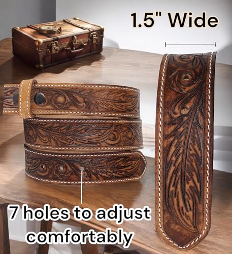 F&L CLASSIC Belt for buckle Western Leather Engraved Tooled Strap w/Snaps for Interchangeable Buckles,