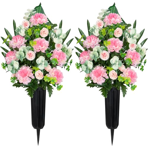 Velibobo Artificial Flowers for Graves, Set of 2 Memorial Cemetery Flowers Bouquets, Funeral Chrysanthemum with Vases for Outdoor Graveside Decoration (Pink)
