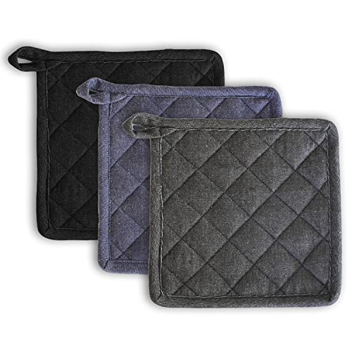 Image of 3 Pot Holder Heat Resistant Cotton Hot Pad or Pot Stand for Kitchen Cooking & Baking | Quilted Thick Fabric, Easy Grip, Hanging Loop (Blue, Black and Grey)