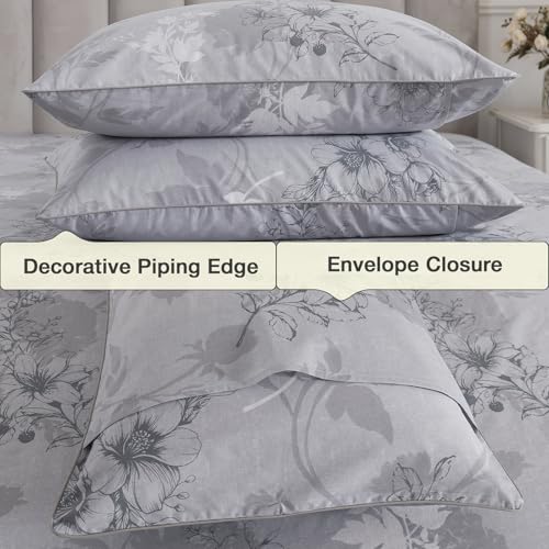 Image of Vintage Floral Bed Sheets Gray Percale King Size Deep Pocket 4Pcs | 100% Cotton Dark Flower Farmhouse Sheet Set, Soft Crisp Shabby Chic Toile Sheets, Cottage Core Bedding, Botanical Pattern