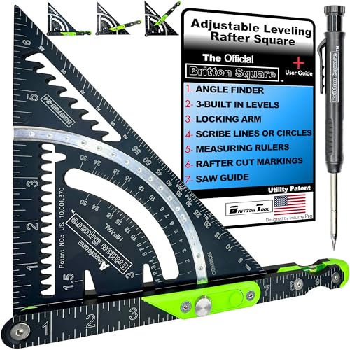 Britton Square® 7-Inch Rafter Square: Patented Locking Pivot Arm & Angle Finder | Precision Aluminum Rafter Square with 3 High-Visibility Levels | Professional Grade Woodworking & Framing Tool