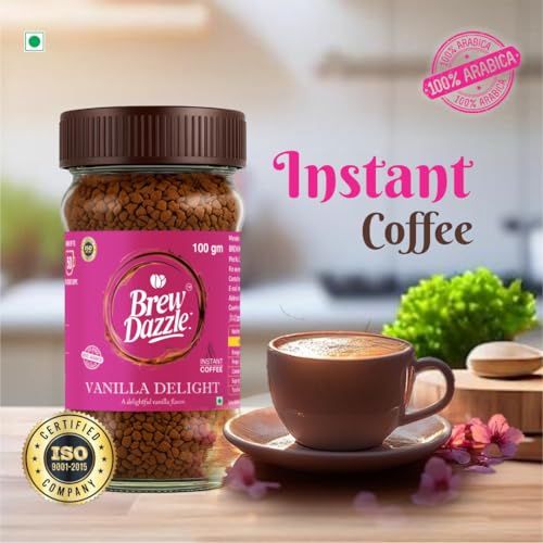 Image of BREW DAZZLE Vanilla Delight Instant Coffee | Aromatic Flavoured Instant Coffee | 100% Arabica | Vanilla Flavour Natural Delightful Coffee Granules (100g)
