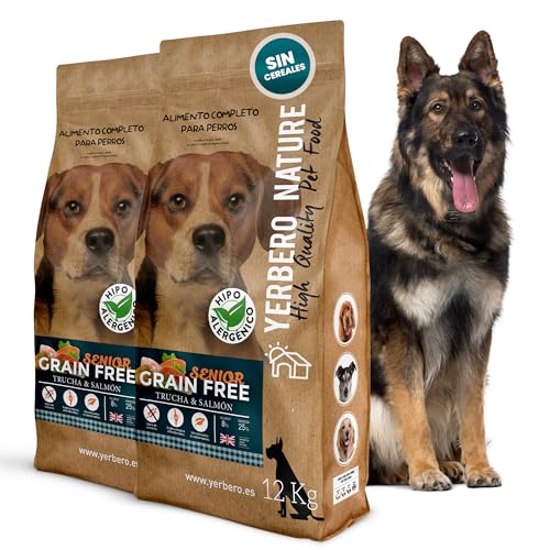 Yerbero Nature Pienso para Perros Senior Sin Cereales Pack de 2 de 12Kg - Comida Perros Mayores Grain Free con Trucha Salmón Boniato y Patata - Pienso Hipoalergénico con Probióticos y Omega3