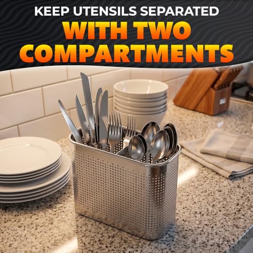 Image of Large 2-Compartment Chopstick Holder for Dishwasher, Stainless Steel Basket | Perforated dishwasher chopstick basket and utensil caddy for straws, teaspoons, small tools, 2 compartments with hooks