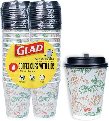 Glad Disposable Coffee Cups with Lids, Coffee Flower, 12 Oz, 50 Count, 2-Pk - image 1